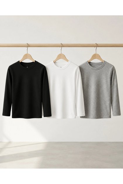 Girls Boys 3-Piece Long Sleeve Crew Neck Badi T-Shirt Black Gray White