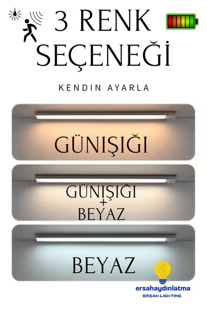 Hareket Sensörlü Şarjlı Led Lamba 30 Cm Gün Işığı - Beyaz Çift Renk