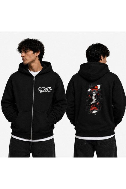Naruto Itachi Uchiha Akatsuki Printed Black Hooded Zippered Unisex Cardigan