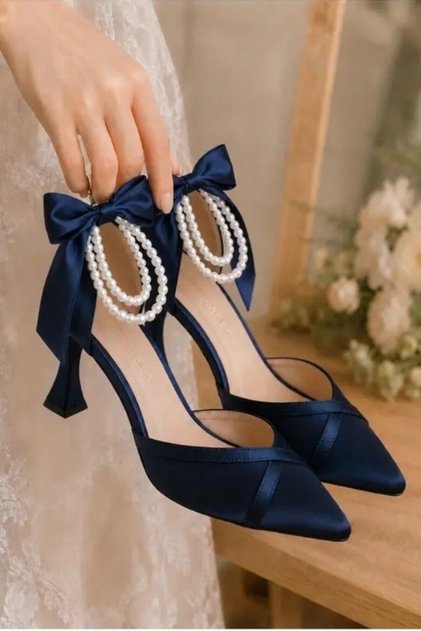 High Heeled Shoes Navy Blue Satin White Pearls and Sequins, Decorated Evening Dress Shoes Evening Party Shoes