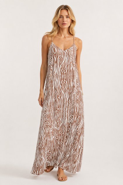 Women's Mink White Zebra Patterned Strappy Maxi Dress – Loose Fit Summer Long Dress