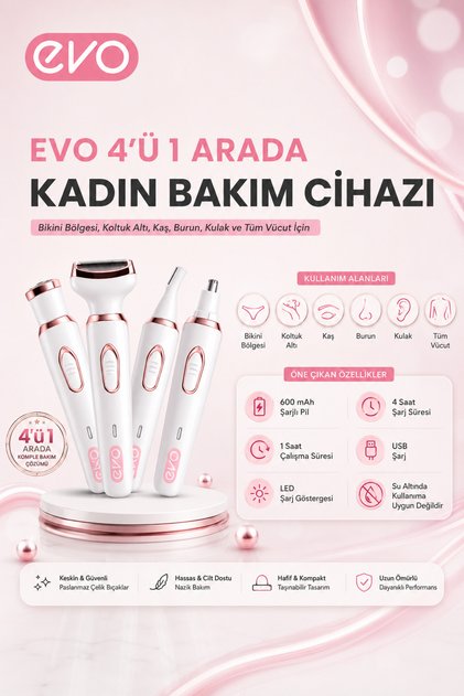 Kadın Tıraş Cihazı 4'lü Set- Bikini Koltuk Altı Kulak Burun Kaş Yüz Tüm vücut