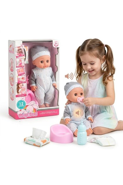 Papusa Bebelus pentru Copii, CuteBaby, cu Cap, Maini si Picioare din Cauciuc, Inchide Ochii, cu Sune