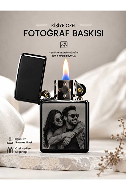 Siyah Renk Hediyelik Benzinli Çakmak Fotoğraf Baskısı Yapılır