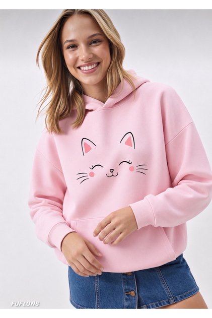 Cat Face Printed Oversized Women's Hooded Sweatshirt