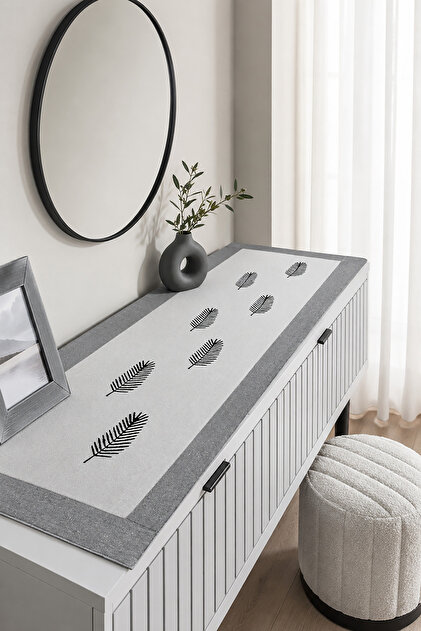 Tropical Leaf Printed Runner, Console, Coffee Table Cover-Natural&Anthracite