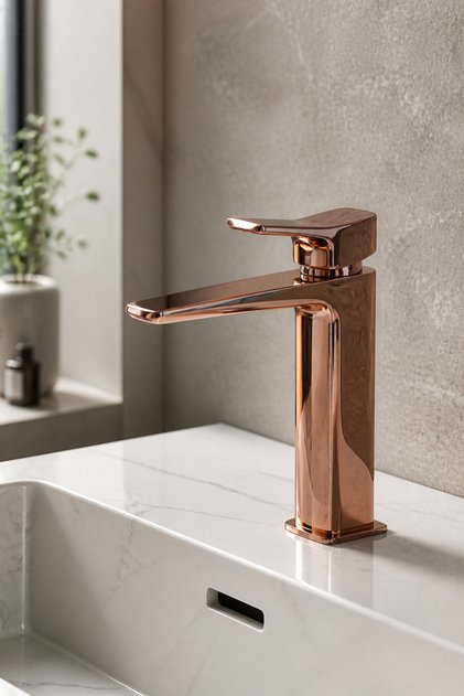 Bakır Bronz Kare Lavabo Bataryası Rose Bakır Banyo Lavabo Armatürü Pirinç Materyal 5 Yıl Garantili