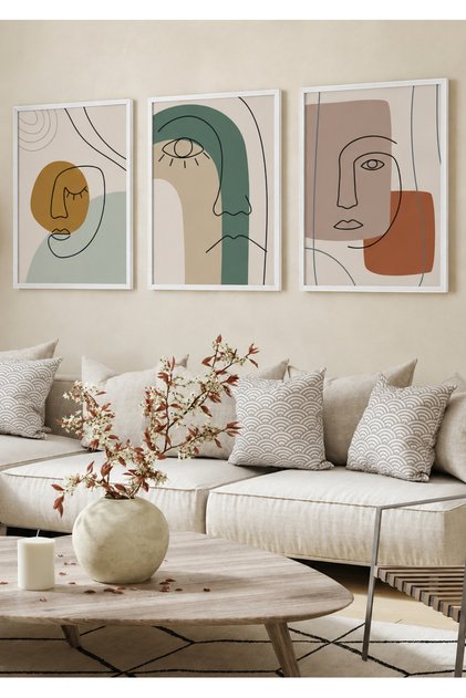Natural Wood Framed 3-Piece Abstract Face Modern Minimalist Line Art Painting Set Wall Decor for Living Room Living Bedroom Kitchen Office