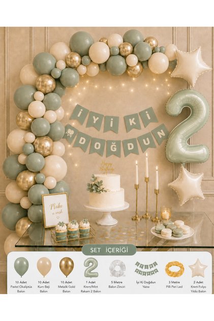 2 Yaş Doğum Günü Süsleme Seti | 30 Adet Balon + 2 Yaş Balonu + Balon Zinciri + İyi Ki Doğdun Yazısı + 3 Metre Peri Led + 2 Yıldız Balon