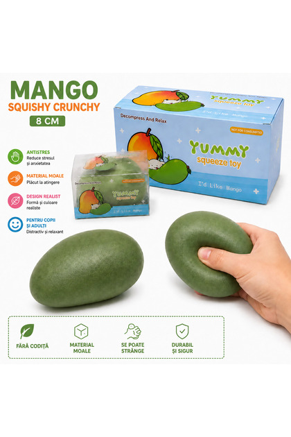 Mango Squishy Crunchy, 8 cm, Jucărie antistres moale și flexibilă, Set de 12 bucăți