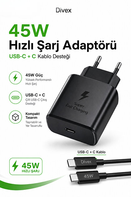 45W Hızlı Şarj Adaptörü USB-C Çıkışlı Type-C to Type-C Kablolu Şarj Seti