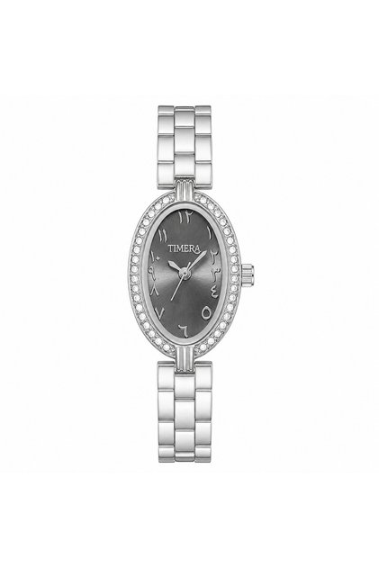 ساعة فضية بيضاوية بمينا رمادية وأرقام عربية وإطار مرصع--TIMERA Silver Oval Watch with Gray Dial and Arabic Numerals