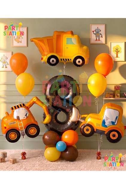 Construction Machinery Construction Balloon Set 8 Years Old - 14 Pieces Large Size Birthday Set Scoop Dozer Truck Foil Balloon and Black Number Concept Party Decoration Set