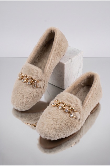 Women's Plush Home Ballerinas with Gold Chain and Stone Accessories, Closed Loafers with Soft Soles, Comfortable Winter Ballerinas