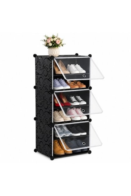 Raft modular pentru pantofi, Ruhhy, 6 niveluri, 3 module, uși transparente, 92 x 40 x 31 cm, cadru din plastic și metal, negru