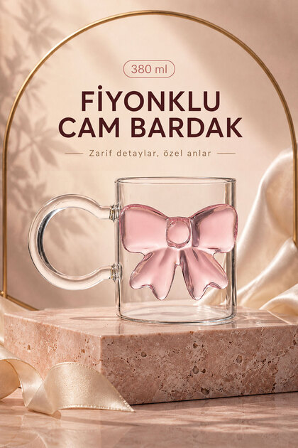 Premium Pembe Fiyonk Detaylı 380 ml Borosilikat Cam Kupa – Isıya Dayanıklı Kahve ve Çay Bardağı