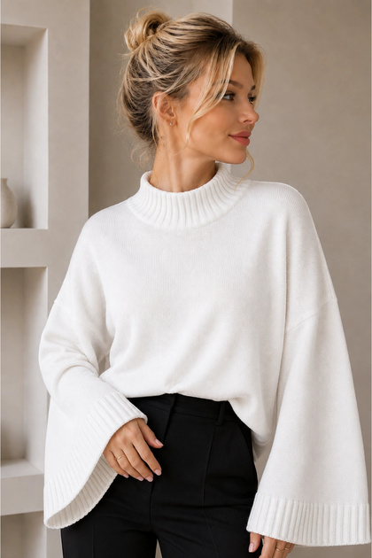 Women's Ecru Cotton Spanish Bat Sleeve High Neck Knit Sweater