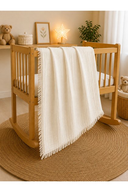 100% cotton 4-layer tasseled muslin baby blanket, multi-purpose muslin cover, baby swaddle 100*100 cm
