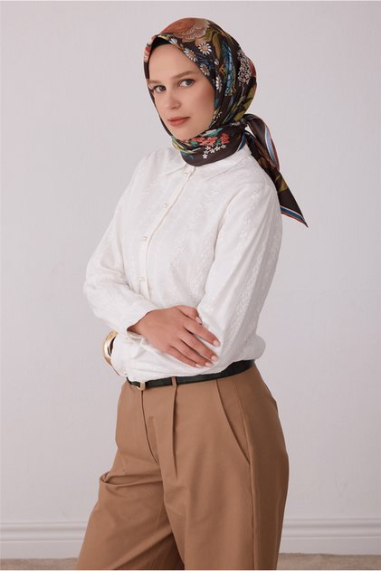 Tivil Silk Scarf 4415 35 Brown Flower Pattern