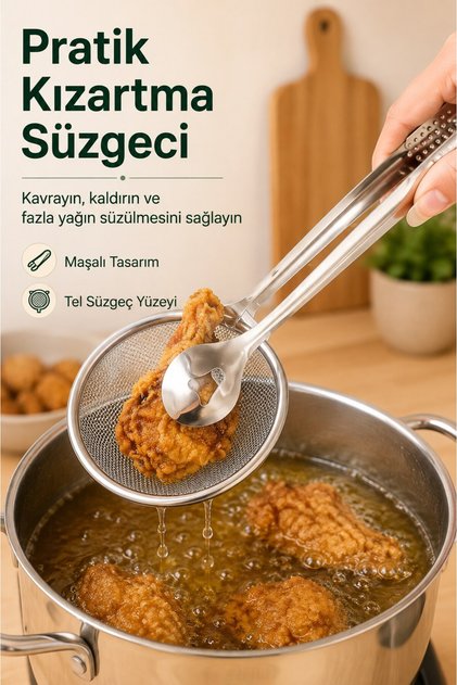 Maşalı Kızartma Süzgeci Metal Yağ Süzdürme Aparatı Patates Tavuk Servis Maşası