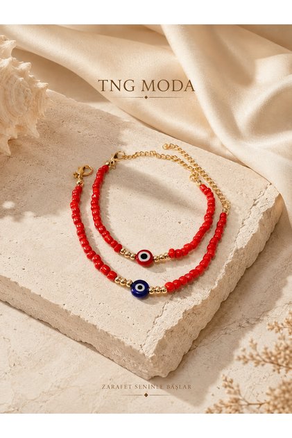 Women's Red Beaded Gold Blue and Red Evil Eye Beaded Double Bracelet