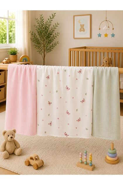 Multi-Purpose Muslin Blanket Set of 3, Muslin Newborn Baby Blanket, 100% Organic Cotton Muslin Cloth - 80X80 cm