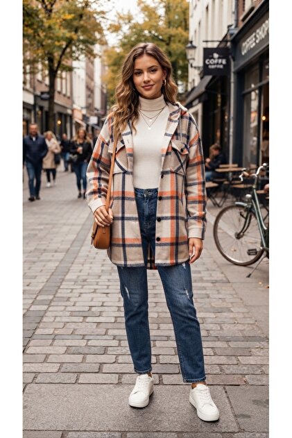 Beige and Orange Plaid Patterned Hooded Long Lumberjack Shirt / Jacket