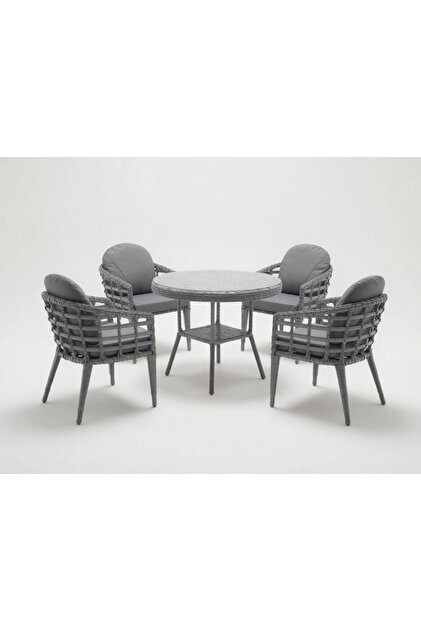Venedik Gri 4 Kişilik(1-1-1-1-Masa) Rattan Örgü Bahçe & Balkon & Teras Masa Sandalye Takımı
