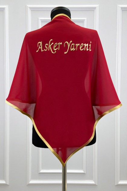 Red Triangle Chiffon Shoulder Cover with Gold Engraved Text and Ribbons, Soldier Welcome Dear Bride Cape Farewell Entertainment Night Souvenir Engagement Groom Groomsmen Henna Shawl