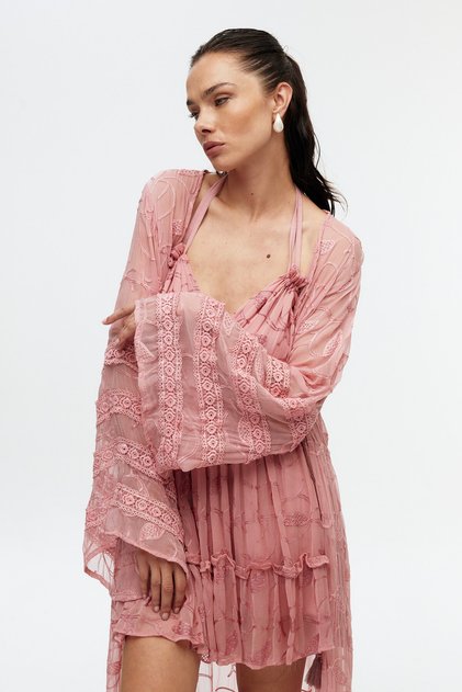 Şifon Dantel Detaylı Uzun Kimono - Pembe
