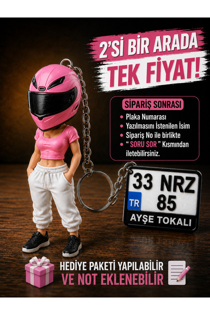 Kişiye Özel Kadın Motor Plaka Anahtarlık Plakalı Motorsiklet Motorcu Figürü İle Birlikte 2'li