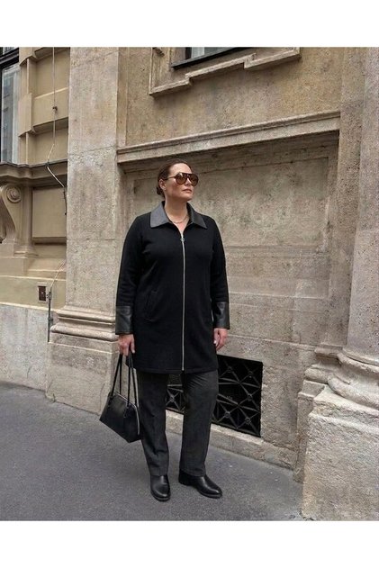 Leather-Collared Steel Knitted Tricot Coat