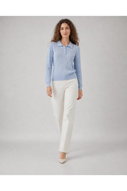 Polo Neck Buttoned Openwork Knit Patterned Long Sleeve Slim Knitwear Sweater Aw26Kz00017
