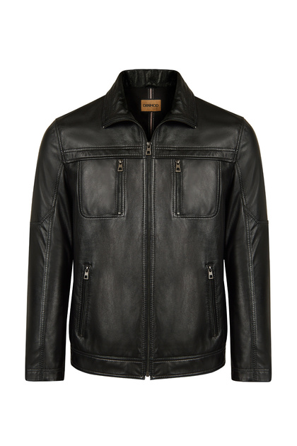 Karl Men's Black Zippered Turn-Down Collar Leather Jacket 26Wge66211M