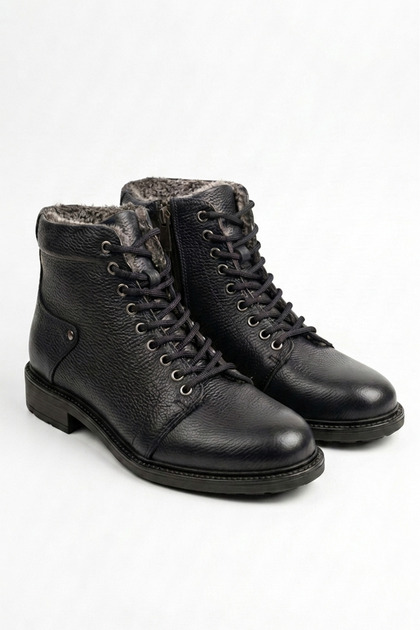 Black Genuine Natural Leather Men's Boots with Laces and Zipper, Fur Plush Lining, Real Printed Leather Men's Winter Spring Boots