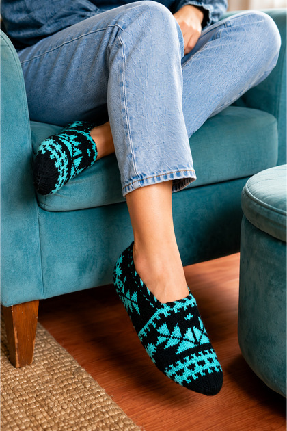 Hand Knitted Black Blue Sunrise Patterned Vintage Women's Home Slippers Size 36-37