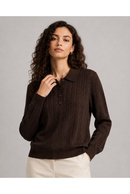 Polo Neck Buttoned Openwork Knit Patterned Long Sleeve Slim Knitwear Sweater Aw26Kz00017