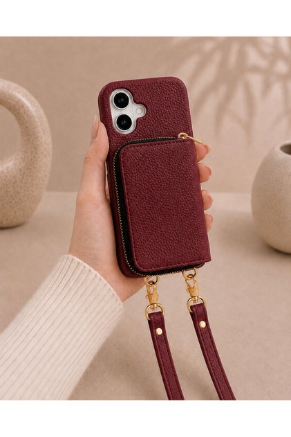 iPhone 17 (6.3 Inch) Compatible Premium Lux Leather Case with Open Sides, Slim Design, Wallet, Zipper, Card Holder, Crossbody Neck Strap, and Drawstring Strap