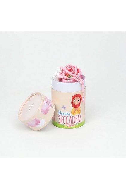 Pink Children's Gift Set with Piggy Bank Reyyan Children's Prayer Mat 45X70 cm Rose Scented Prayer Beads Cylinder Box