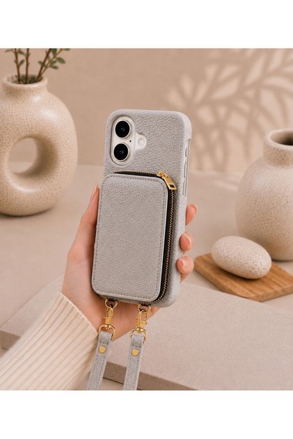 iPhone 17 (6.3 Inch) Compatible Premium Lux Leather Case with Open Sides, Slim Design, Wallet, Zipper, Card Holder, Crossbody Neck Strap, and Drawstring Strap