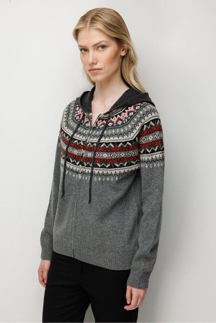 Women's Hooded Robe Jacquard Wool Cardigan Smoked