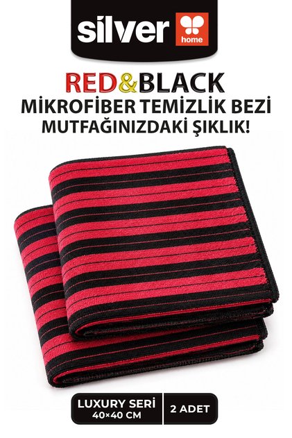 Luxury Serisi 2’li Mikrofiber Temizlik Bezi 40x40 cm Kırmızı Siyah Çizgili Süper Emici İz Bırakmaz