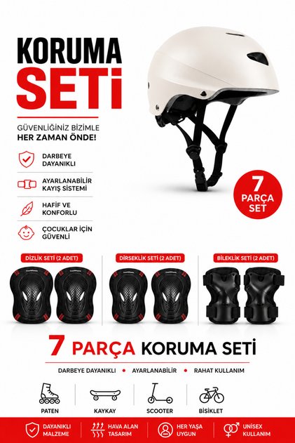 7'li Full Koruma Seti (6-10 Yaş Arası İçin Uygundur) - Kask, Dizlik, Dirseklik ve Bileklik Koruma Takımı