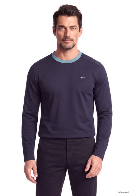 Men's Regular Fit Round Collar Metallic Logo Detailed Cotton Long Sleeve Navy Blue T-Shirt
