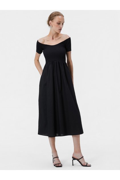 Rochie midi de damă, cu umerii goi, croială în A, cu mâneci scurte, neagră