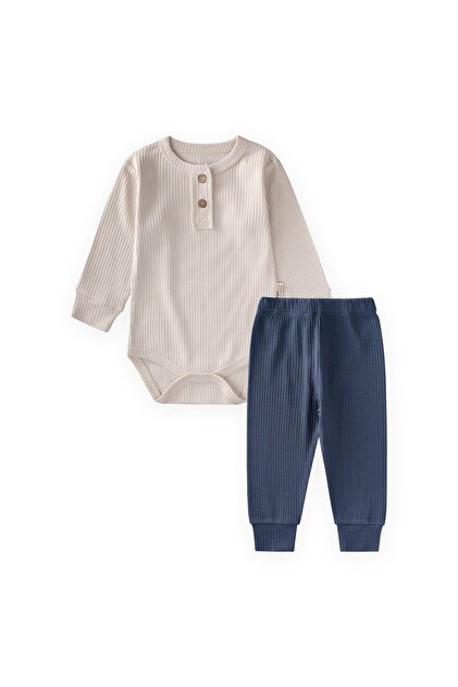 Basic Seasonal Bodysuit Set 0-3 Years Light Beige - Navy Blue