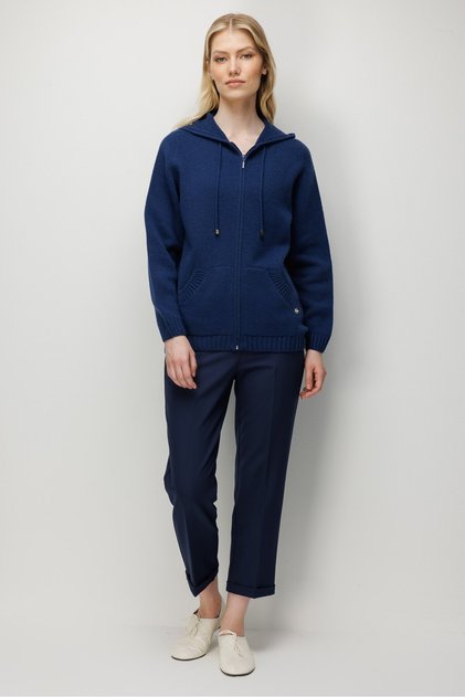 Women's Hooded Basic Zippered Wool Cardigan O.Indigo