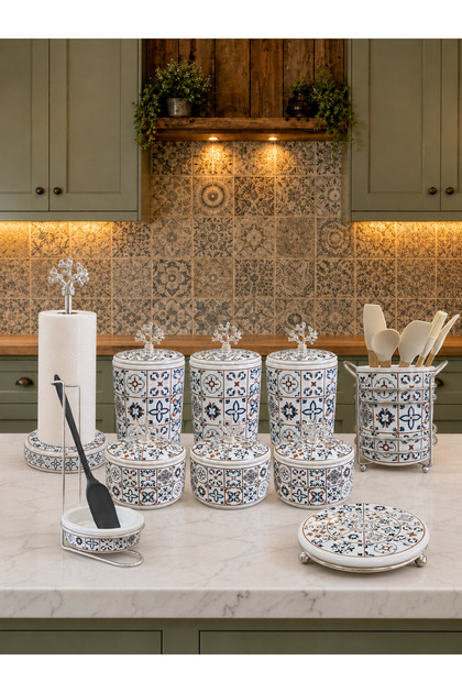 Kitchen Set - Dowry Set 105 Flat Lids 10 Pieces Ceramic Pattern Silver - Feray Home