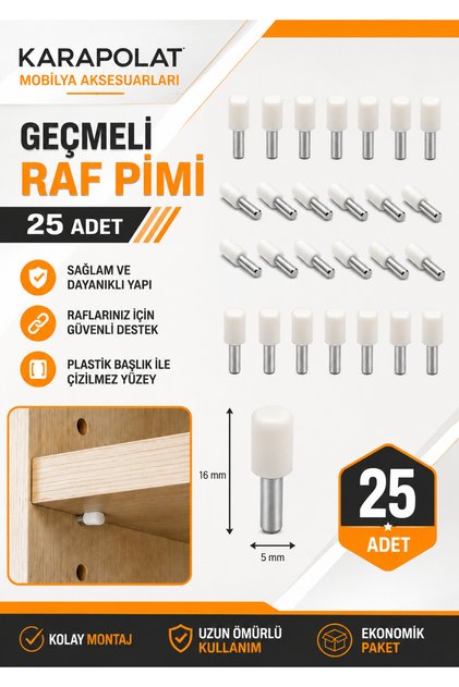 25 Adet Geçmeli Beyaz Raf Pimi 5x16 mm Plastik Başlıklı Metal Raf Desteği Mobilya Dolap Kitaplık Raf Tutucu