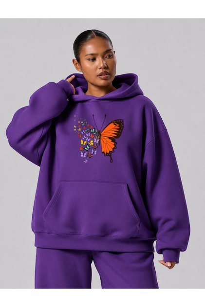 3 Yarn Combed Cotton Plus Size Flying Butterflies Printed Unisex Sweatshirt Df6
